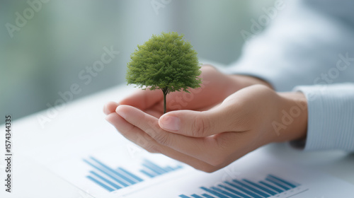 A person delicately holds a miniature green tree in their cupped hands, symbolizing concepts of environmental protection, sustainable investing, and the growth of ecological awareness.