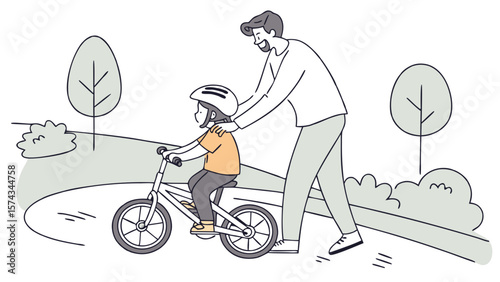 Father Teaching Child to Ride a Bicycle in Park Illustration