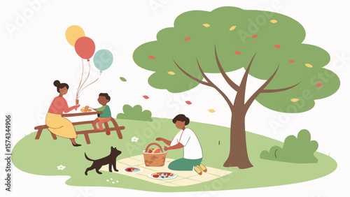 Family Picnic in a Park with Balloons and Dog Under a Tree