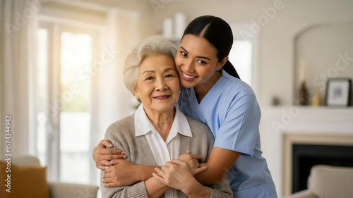 Emotional connection between senior woman and her immigrant caregiver in cozy home setting
