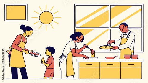 Family Cooking Together in Bright Kitchen Illustration