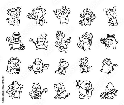 Cute kawaii animal profession character set showing different occupations in cartoon style with expressive poses and tools for your illustration and creative designs projects