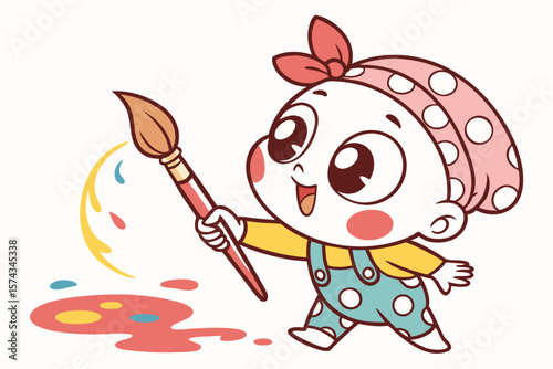 Vector cute Baby Girl cartoon character holding a paintbrush and making a colorful mess isolated on white background