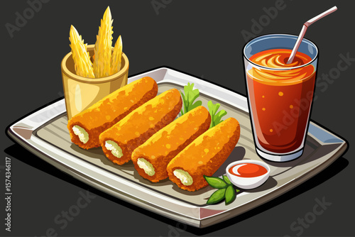 Golden fried mozzarella sticks with the elastic effect of vector of melted cheese, with marinara sauce, isolated white plate on a black table with a cold drink and a straw next to it...