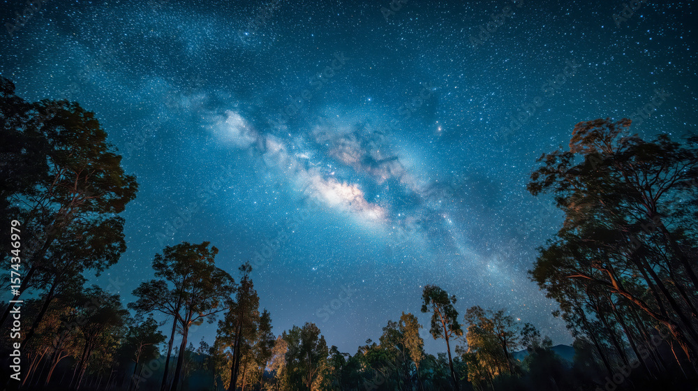 Fototapeta premium Stunning view of the Milky Way galaxy illuminating the night sky over a tranquil forest