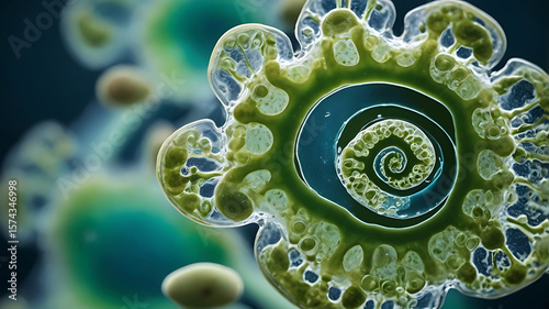 Microscopic algae and cyanobacteria in fluid, organic fractal pattern, natural microbiological texture, background mockup, lab test, microbiome, biodiversity
