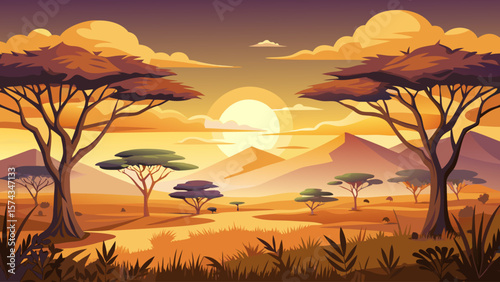 Serengeti National Park, Tanzania – Golden grasslands stretch to distant horizon, dotted with acacia trees silhouetted against sunset. Herds of wildebeest graze, capturing Africa’s timeless wilderness
