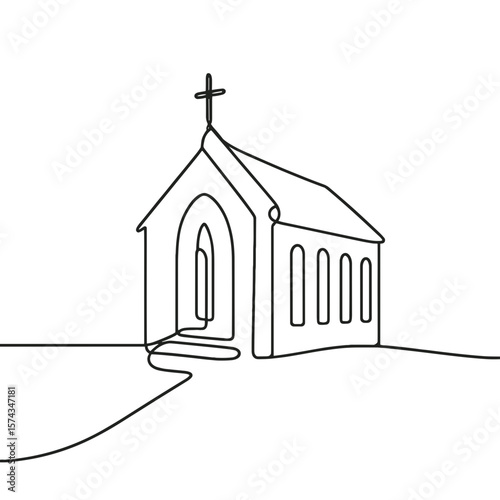 Line art illustration of a funeral chapel with cross design  