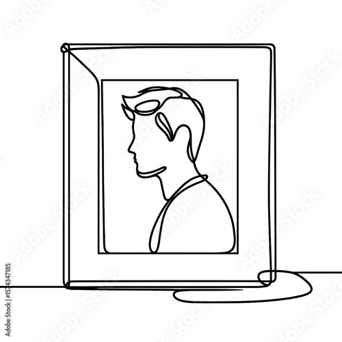 Minimalist memorial photo frame with line art of a man's profile  