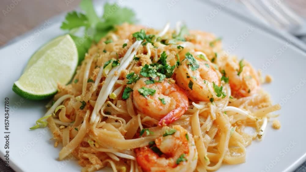 Exquisite Pad Thai: A delicious plate of Pad Thai noodles adorned with succulent shrimp, a vibrant lime wedge, and fresh cilantro, offering a culinary journey to Thailand. Exquisite Pad Thai: A delicious plate of Pad Thai noodles adorned with succulent shrimp, a vibrant lime wedge, and fresh cilantro, offering a culinary journey to Thailand.