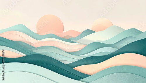 pastel mountain landscape illustration with soft flowing shapes, gradient tones, and sun peeking through serene sky