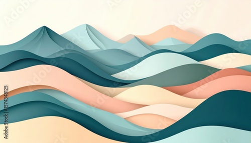 pastel mountain landscape illustration with soft flowing shapes, gradient tones, and sun peeking through serene sky