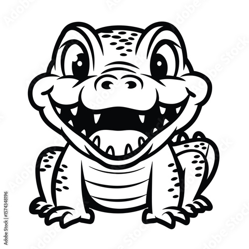Black and white vector illustration of a smiling baby crocodile with sharp teeth and large round eyes on a clean white background