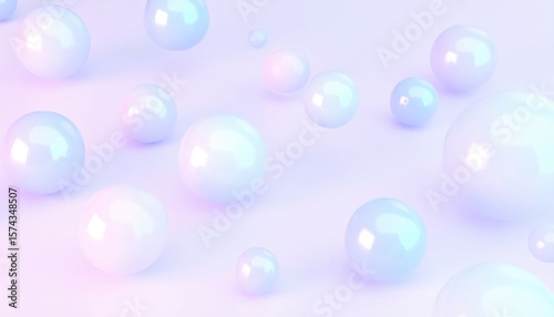 iridescent spheres on smooth reflective surface with pastel hues of blue, pink, and purple in soft minimalistic setting