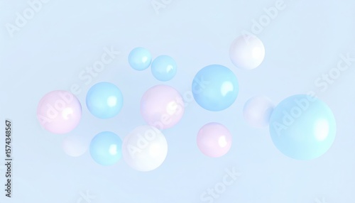 iridescent spheres on smooth reflective surface with pastel hues of blue, pink, and purple in soft minimalistic setting