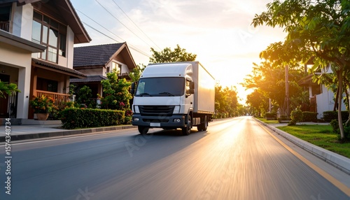Delivery Truck on Residential Street: A white delivery truck smoothly drives down a tree-lined residential street, bathed in the warm golden light of sunset. The houses are modern and well-maintained.