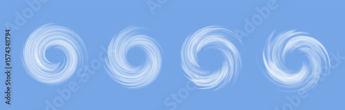 Air whit vortex vector set effect isolated on blue background. Circle wind flow swirl.
