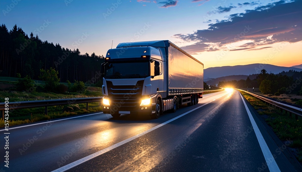 Road to Delivery: A freight truck journeys along a highway at dawn, headlights cutting through the dimness. The scene captures the essence of transportation. Road to Delivery: A freight truck journeys along a highway at dawn, headlights cutting through the dimness. The scene captures the essence of transportation.