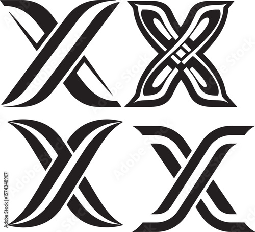 Set of Four Stylized Letter X Logos. Collection of black and white Celtic knot, tribal, and interlaced monogram designs for branding, tattoos, or decorative icons