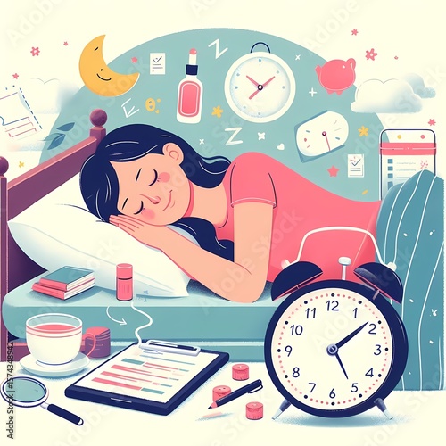 Woman Sleeping Peacefully with Dream Symbols and Alarm Clock