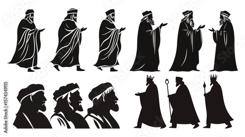 Three Wise Men Vector Icon – Minimalist Line Art Illustration of the Biblical Magi Carrying Gifts, Symbolizing Epiphany and Holiday Tradition