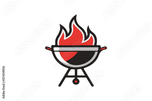 Barbecue grill icon with flame illustration, vector SVG, BBQ party logo, cookout emblem, retro fire pit design