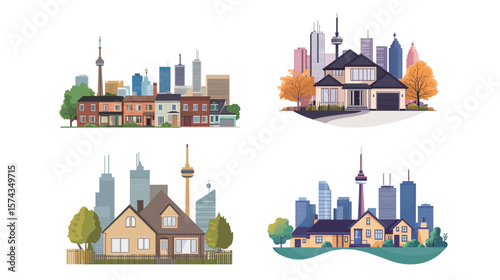 Detached House Vector Graphic Design – Modern Suburban Single-Family Home Illustration with Front Yard and Garage