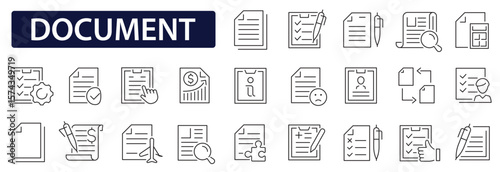 Document icon set. Full collection files icons. Documents linear icon. Contract papers, folder, certificate, accept, approved, clipboard and more. Vector illustration