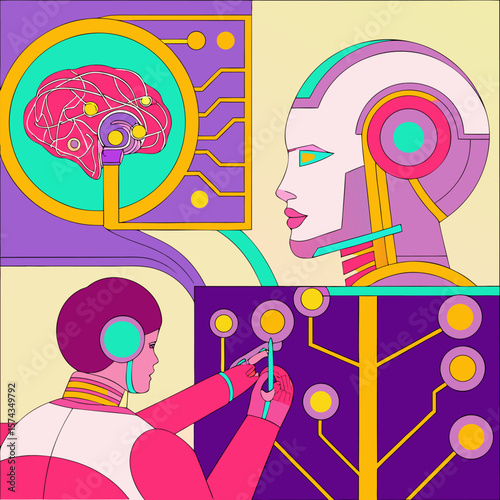 Illustration depicting the impact of artificial intelligence technology on humans and its contribution to humanity