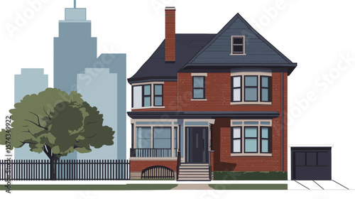 Detached House Vector Graphic Design – Modern Suburban Single-Family Home Illustration with Front Yard and Garage