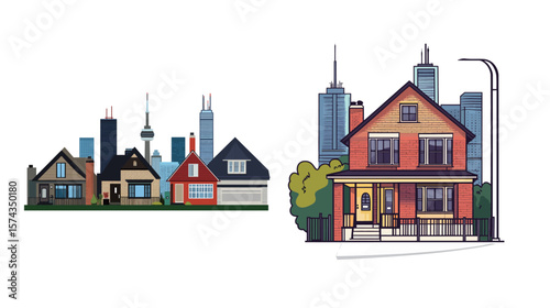 Detached House Vector Graphic Design – Modern Suburban Single-Family Home Illustration with Front Yard and Garage