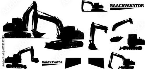 Backhoe excavator Logo element vector set. Excavator heavy equipment silhouette vector for construction company.
