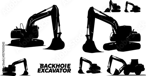 Backhoe excavator Logo element vector set. Excavator heavy equipment silhouette vector for construction company.
