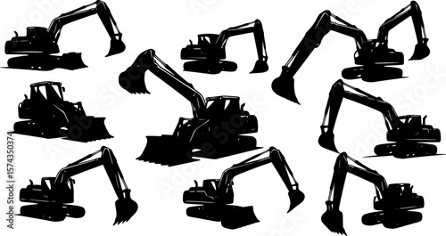 Backhoe excavator Logo element vector set. Excavator heavy equipment silhouette vector for construction company.
