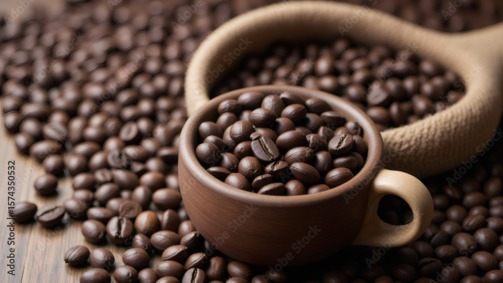 Fototapeta premium Roasted Coffee Beans Still Life: Cup and Bowl Filled, Close-Up View, Coffee Culture Theme