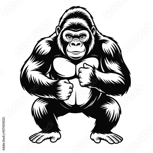 Gorilla beating chest in jungle pose with fierce expression black and white vector illustration