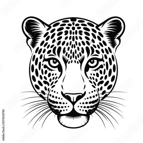 Leopard face in clean black fill with visible whiskers in bold black and white vector illustration