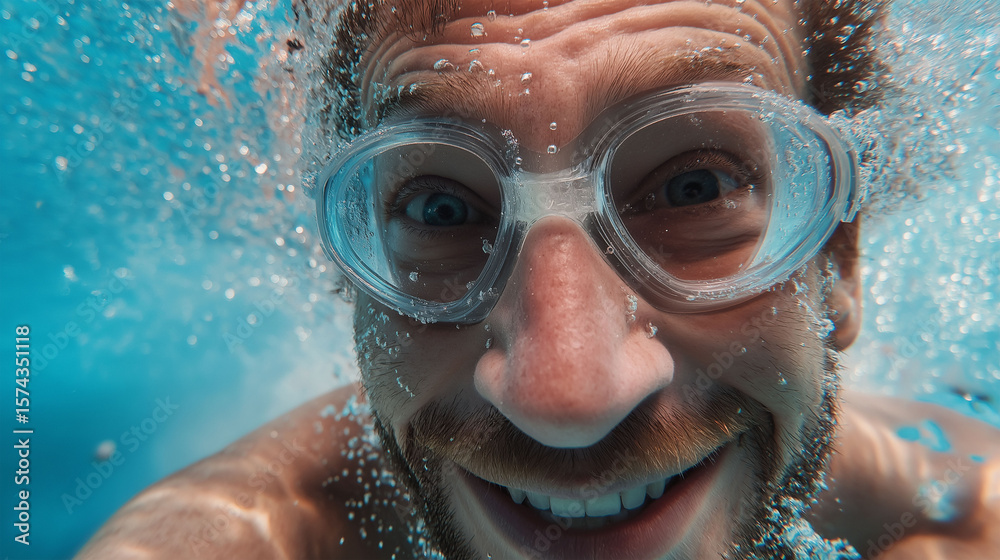 Fototapeta premium Under Water Joy: An exhilarating portrait of a man smiling while swimming under water with goggles on capturing a moment of pure underwater joy and carefree summer fun.