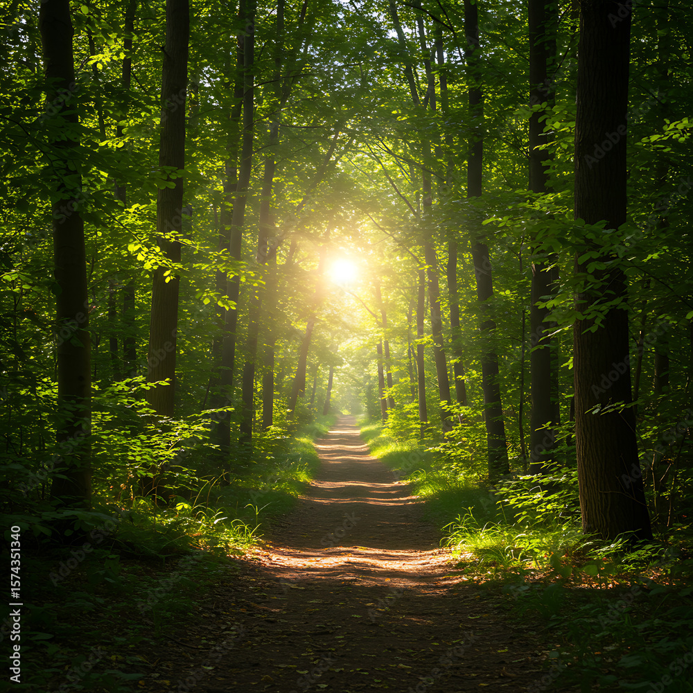 Obraz premium A mystical forest path bathed in brilliant sunbeams piercing through the dense tree canopy, creating a serene and enchanting natural landscape. 