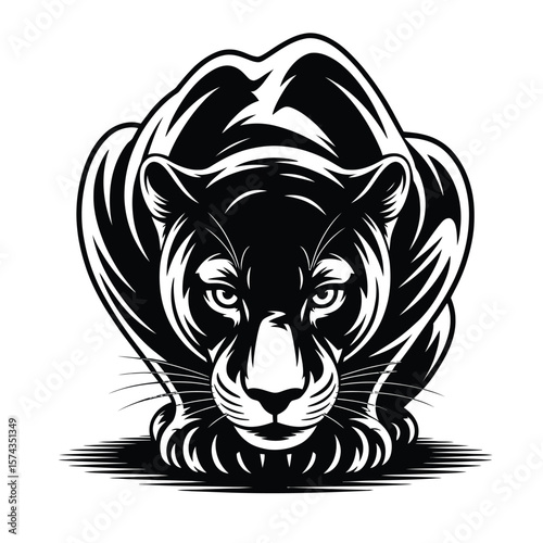 Panther head crouched low with intense piercing gaze in bold black and white vector illustration on white background