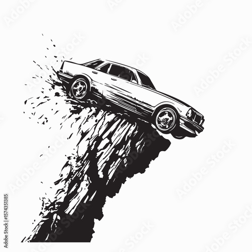 Car Lost Control and Stopped at the Edge of a Very High Cliff Vector