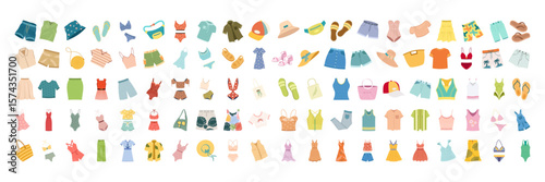 Flat summer fashion clothes, shoes, swimwear and accessories collection Set