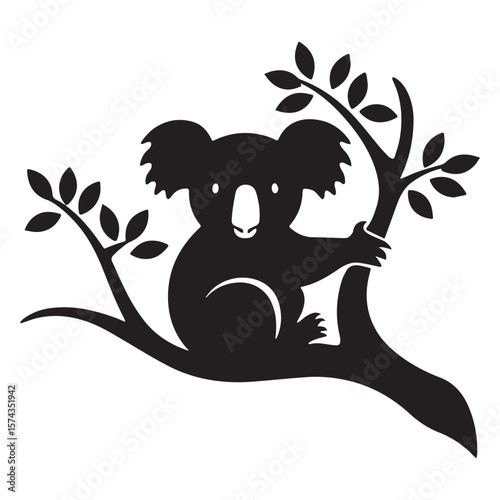 Black koala on tree branch animal leaves