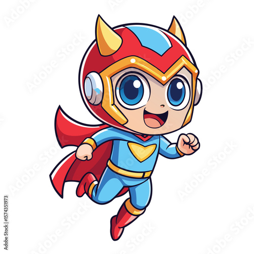 Cartoon superhero, in flight, with a red helmet, blue suit, and a red cape