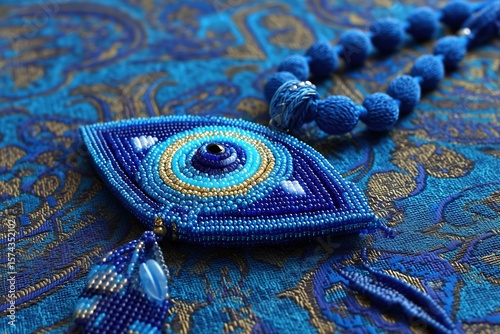 This is a bad eye design. It is related to protection. There are blue nazar talisman on the background. The amulet is made from blue beads.
