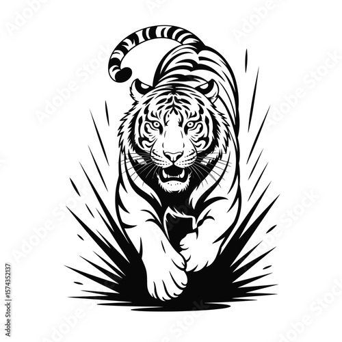 Powerful tiger mid-run with dynamic pose and sharp lines black and white vector illustration