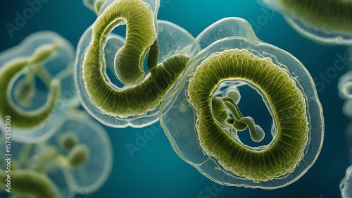 Microscopic bacteria, viruses and microbiome in contaminated water, organic fractal texture background mockup, lab test, biodiversity, pollution and purification concept