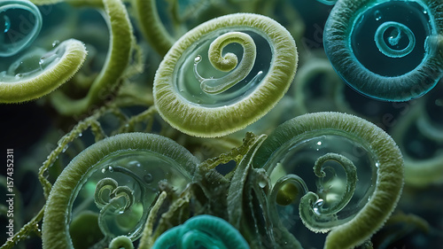 Microscopic bacteria, viruses and microbiome in contaminated water, organic fractal texture background mockup, lab test, biodiversity, pollution and purification concept