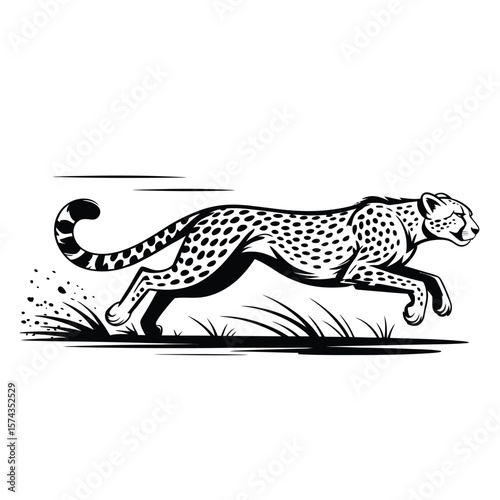 Sleek black and white vector of a cheetah mid-sprint showing speed and agility on expansive plains