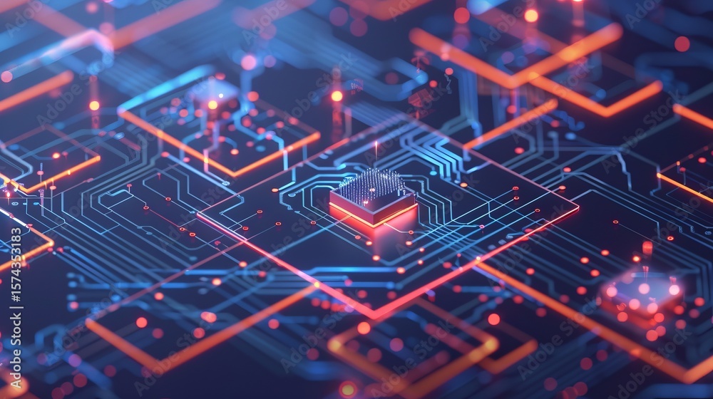 Fototapeta premium futuristic circuit board, digital network grid, futuristic IT infrastructure diagram, cloud and server icons, blue digital background 